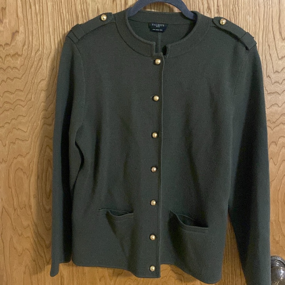 Talbots Petites Military Style Cardigan Jacket Pure Merino Wool Army Green